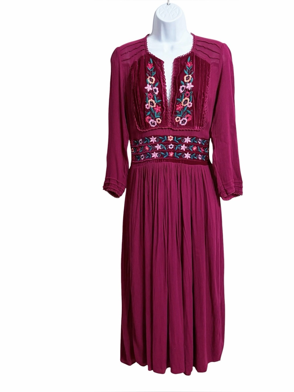 Free People Flora Boho Embroidered Midi Dress Women S Gauze Peasant Velvet Flowy